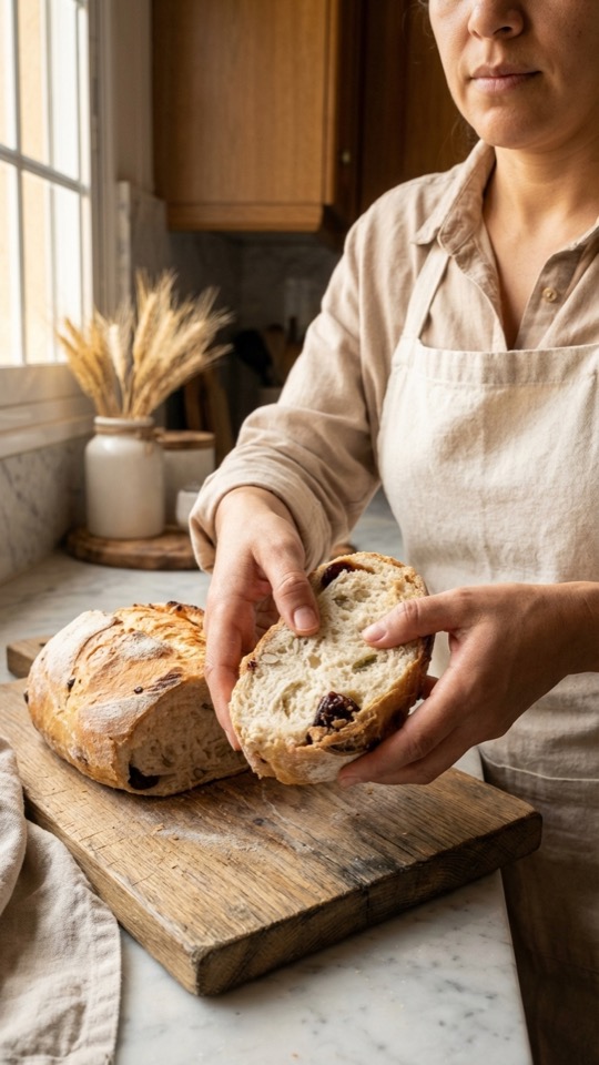 Persona rebanando pan de masa madre con pasas y pipas de calabaza en una cocina